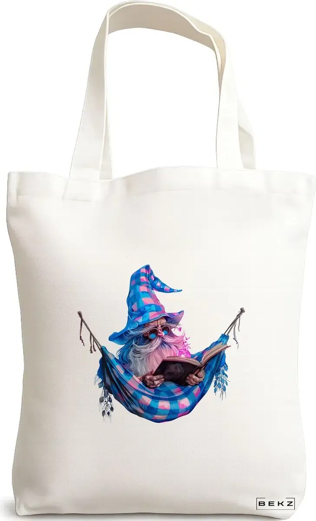 Sacosa de Panza pentru Cumparaturi, Geanta Tote, model The Bookish Gnome 11 38 x 34.5 cm, Alba, BEKZ®