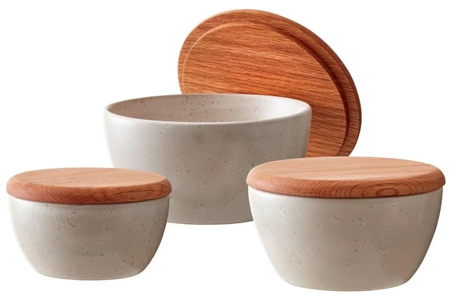 Set 3 boluri de depozitare din gresie cu capac Bitz Stentøj, bej