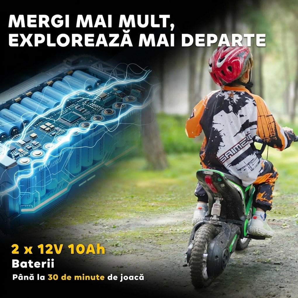 HOMCOM Motocicletă Electrică pentru Copii cu Accelerație Manuală, 2 Viteze, 8-16 km/h, Vârsta 8-12 Ani, Verde | Aosom Romania