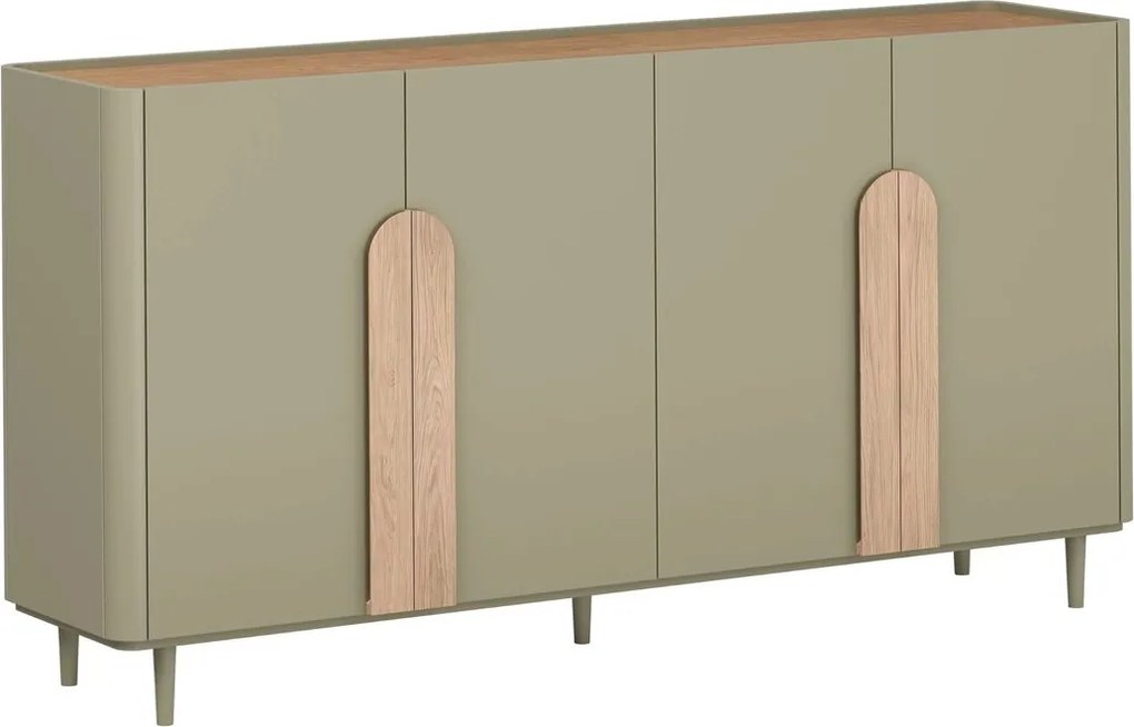 Comodă pe picioare Amilio 200 cm cu patru uși - eucalipt / stejar baltic dune / mânere stejar natural
