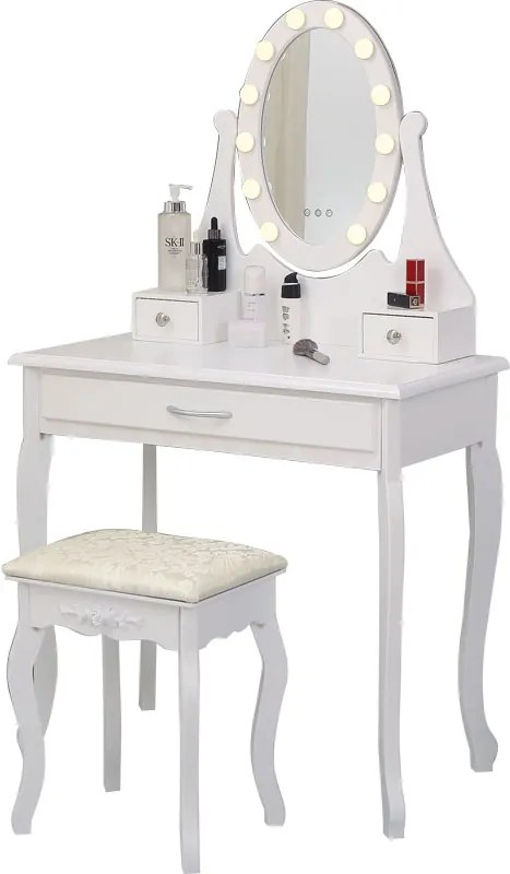 Set Maria, masă de toaletă cu oglindă iluminată LED, control touch,  3 sertare, scaun, Alb
