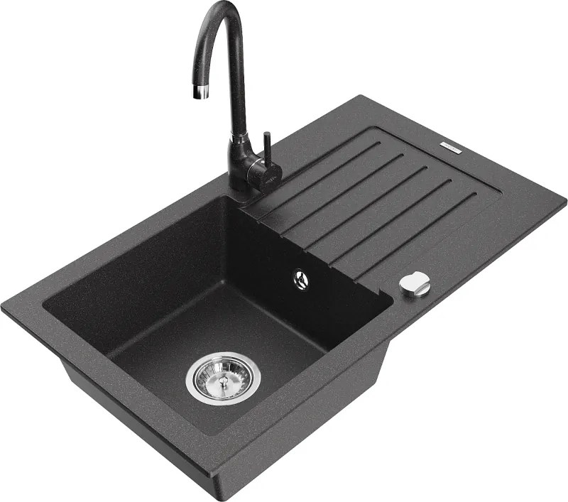 Mexen Pablo chiuvetă de granit cu o singură cuvă și scurgător, cu baterie Telma, neagră cu pete - 6510-76-670200-76