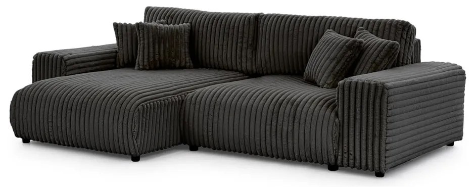 Colțar gri închis extensibil, cu spațiu de depozitare, cu tapițerie din catifea reiată (cu colț pe partea stângă) Sarina – Ropez