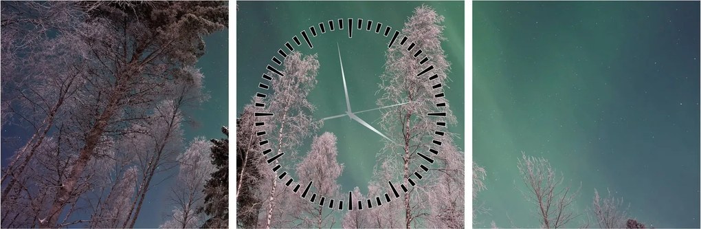 Tablou cu aurora borealis deasupra pomilor înghețați (cu ceas) (90x30 cm)