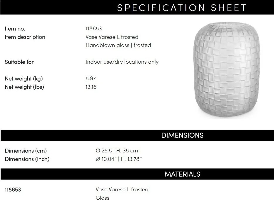 Vas decorativ design LUX realizat manual din sticla Varese L frosted