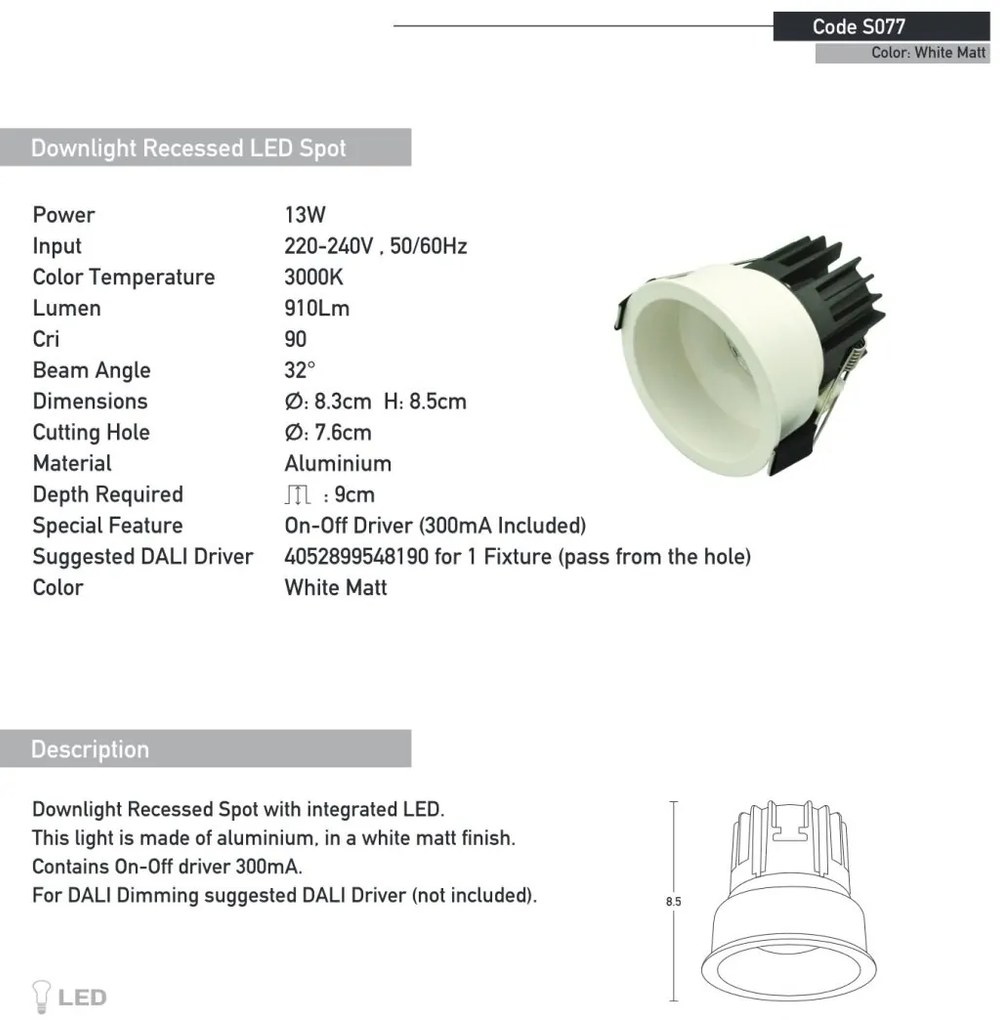 Spot LED incastrabil Trimless alb 13W D-8,3cm