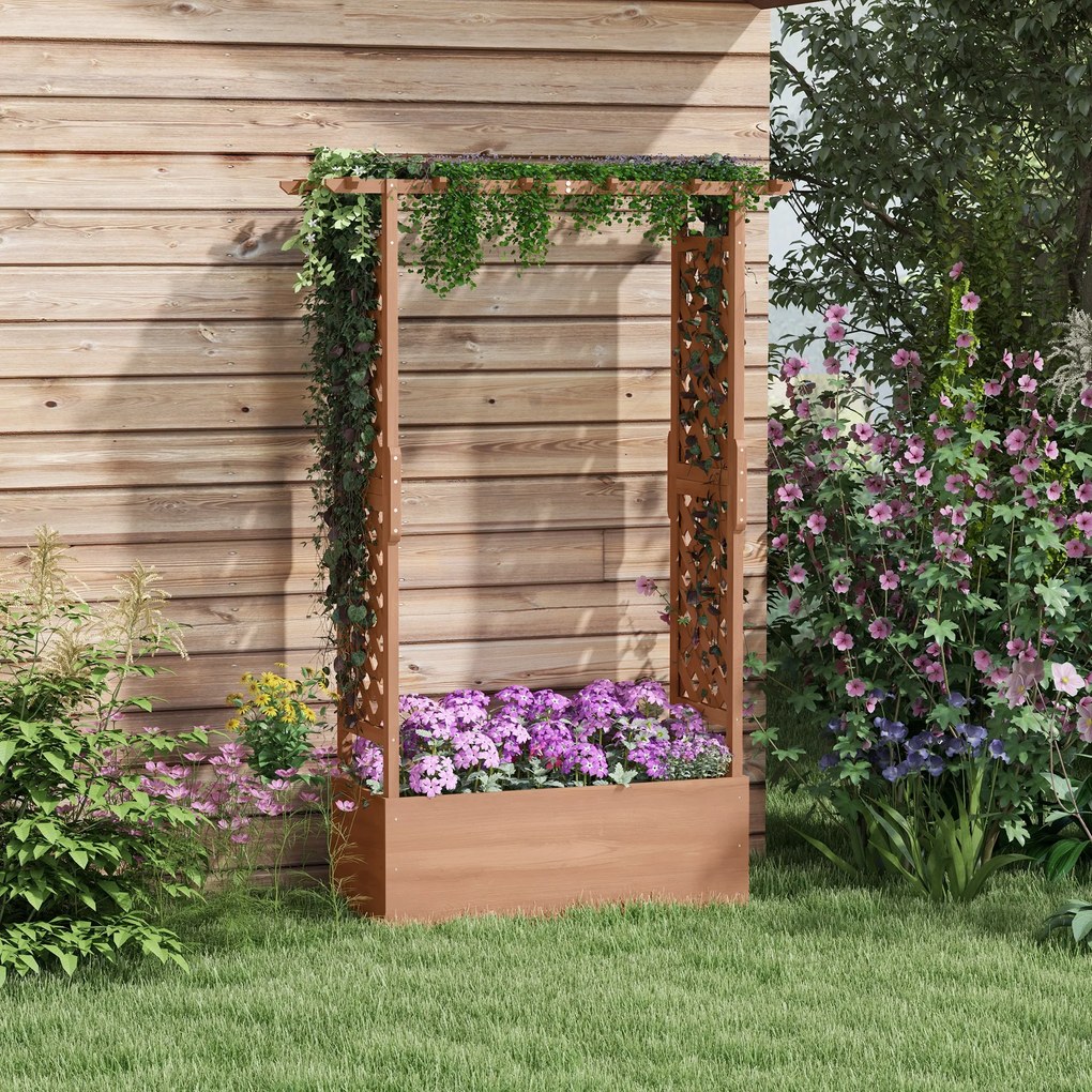 Outsunny Strat de Grădină Înălțat cu Grilaj și Acoperiș, Jardinieră din Lemn pentru Plante Cățărătoare, 112x41x180 cm, Maro | Aosom Romania