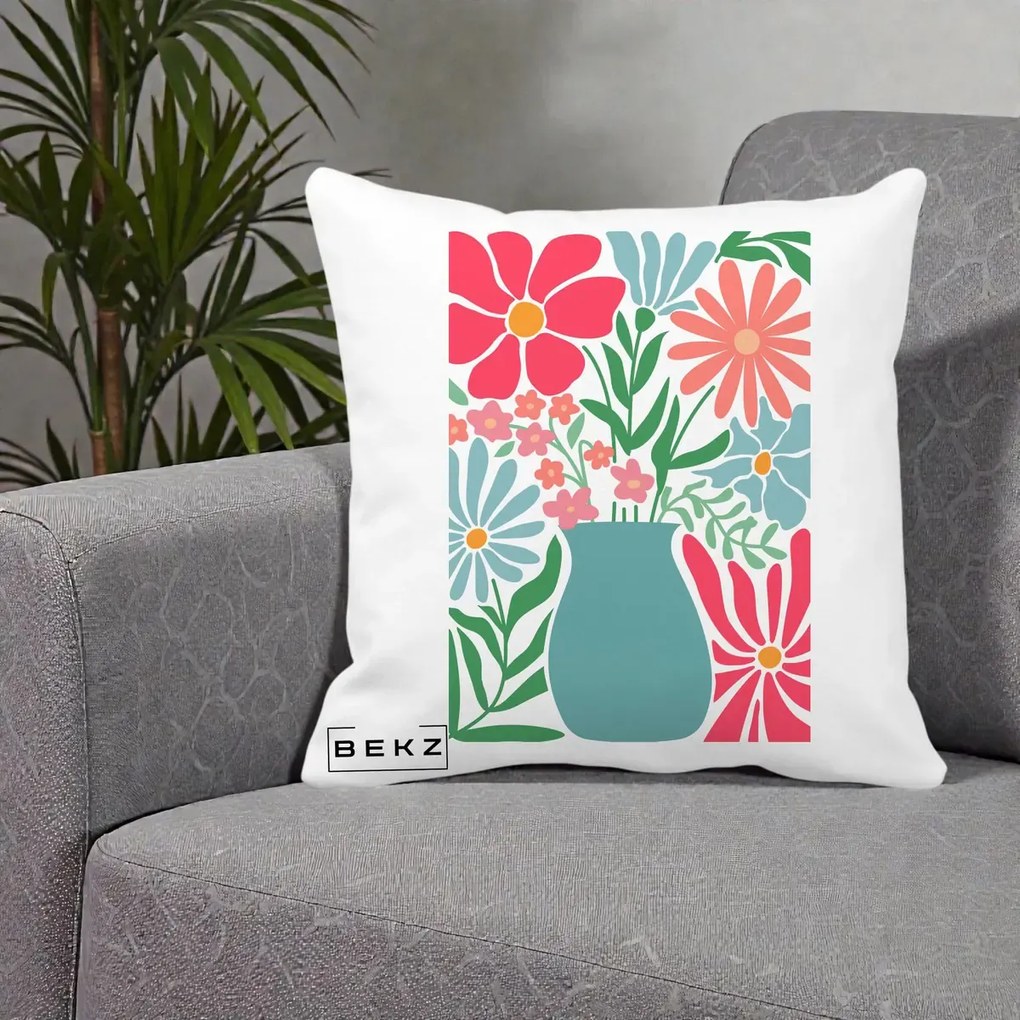 Perna Decorativa Flori in Vaza Turcoaz, 40x40 cm, Alba Mata, Husa Detasabila, Perna Inclusa, BEKZ®