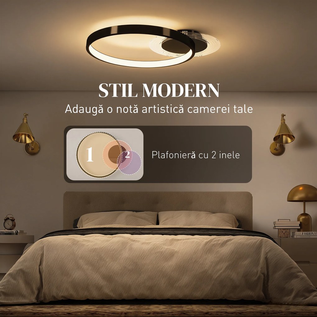 HOMCOM Lampă de tavan LED Modernă de 40W cu 2 Inele și Lumină Reglabilă, Negru | Aosom Romania