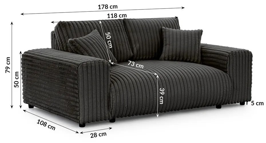 Canapea gri închis cu tapițerie din catifea reiată 178 cm Justin – Ropez