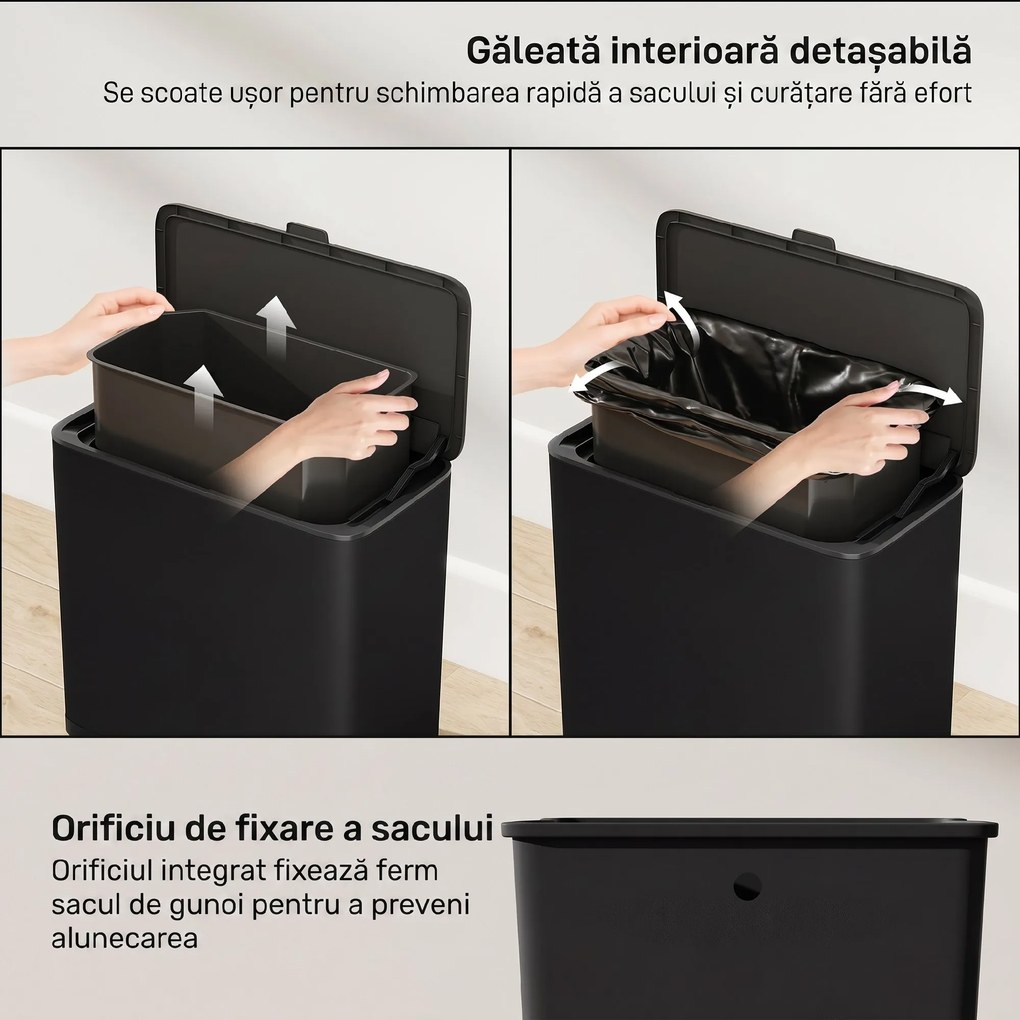 HOMCOM Pubelă 8 L cu Capac din Oțel Inoxidabil, Suspendată sau de Sine Stătătoare, 29,7x17,4x30 cm, Negru | Aosom Romania