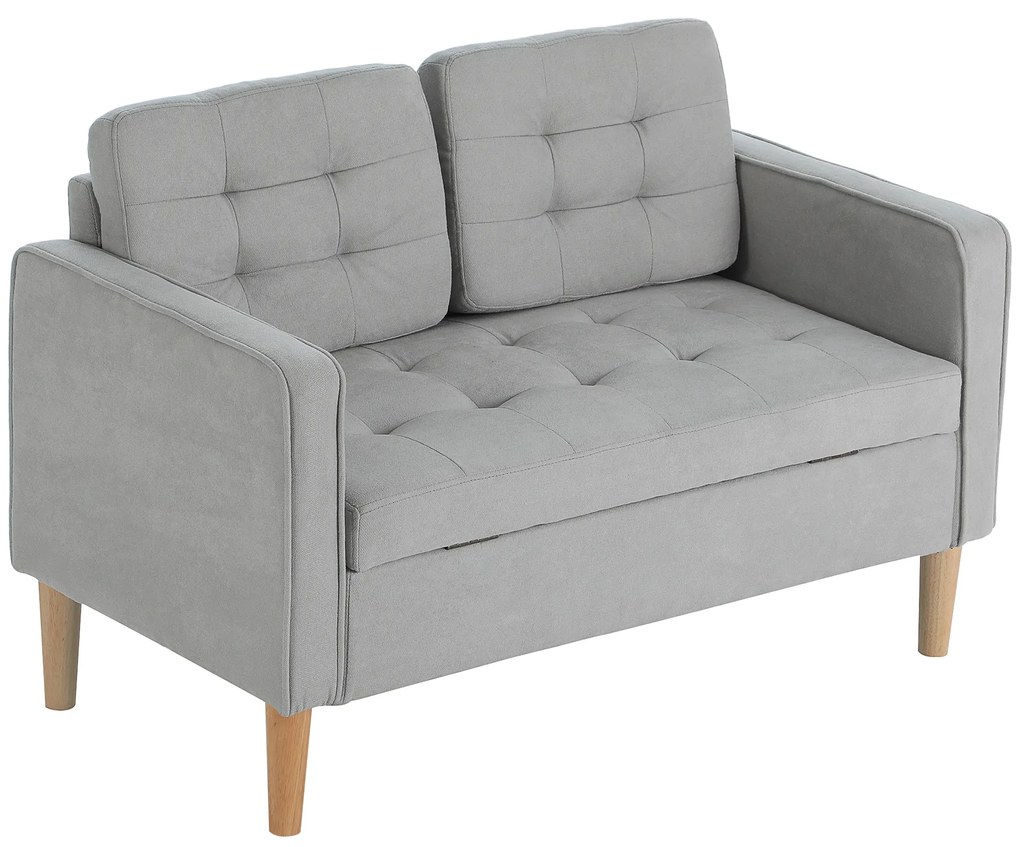 HOMCOM Canapea cu Două Locuri cu Spațiu de Depozitare, Butoniera, Perne, Lemn de Cauțiuc, 117x62x78 cm, Gri Deschis | Aosom Romania