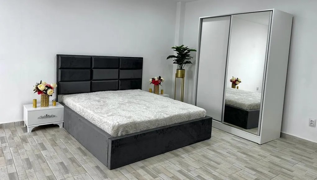Dormitor Roma, culoare gri / alb, cu pat Roma 160 x 200 cm, dressing Erika si 2 noptiere Viena