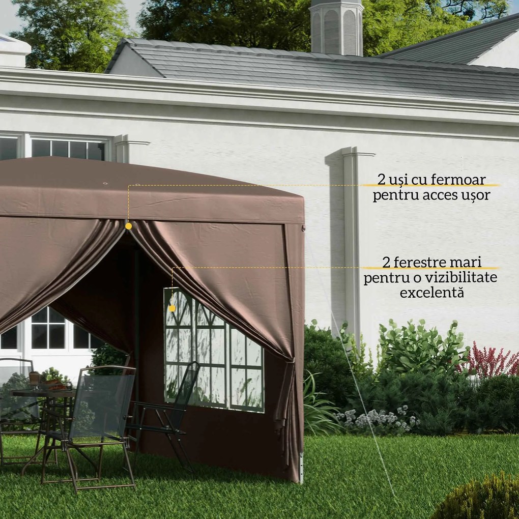 Outsunny Pavilion Pliabil cu 2 Uși, 2 Ferestre, 4 Panouri Laterale și Geantă de Transport, 2.95x2.95x2.58 m, Cafeniu | Aosom Romania