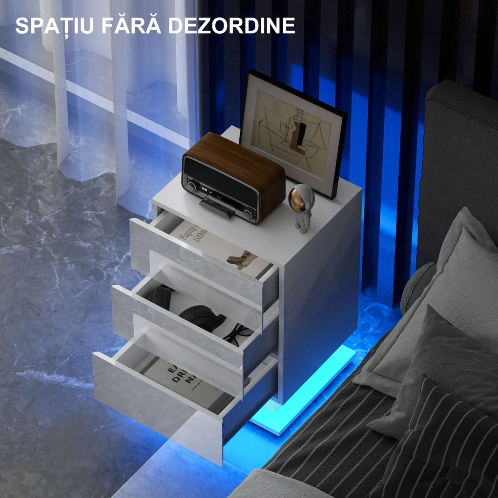 HOMCOM Noptieră cu Lumini LED Reglabile, 3 Sertare și Telecomandă, 40x35x60 cm, Alb | Aosom Romania