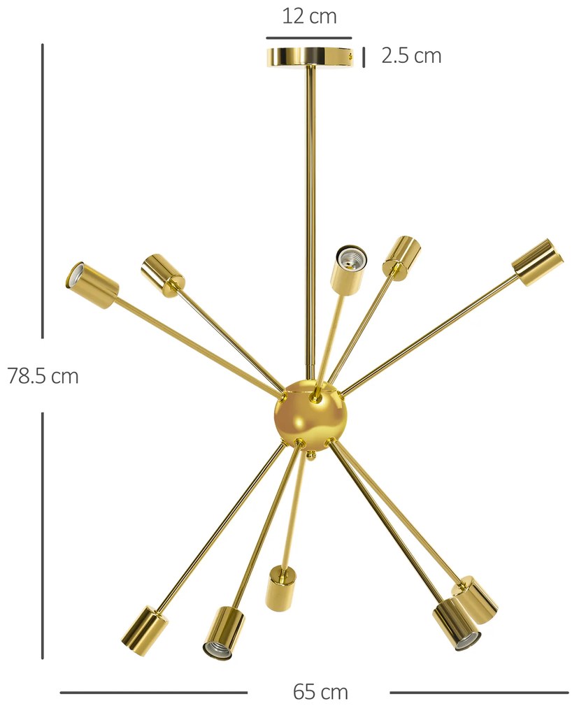 HOMCOM Lustră Suspendată Stil Sputnik, Metal Auriu, 10 Lumini, Ideală pentru Bucătărie, Sufragerie, Dormitor, 65x65x78.5 cm | Aosom Romania