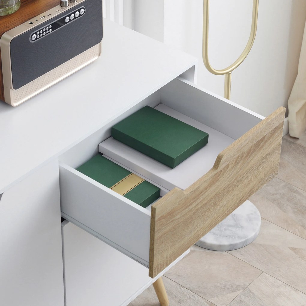 HOMCOM Bufet Mobilier de depozitare pe picior de tip scandinav cu dulapuri pentru Baie, sufragerie, Bucătărie, Picioare din lemn masiv de pin - Alb - dim. 98L x 39l x 81.5H cm | Aosom Romania