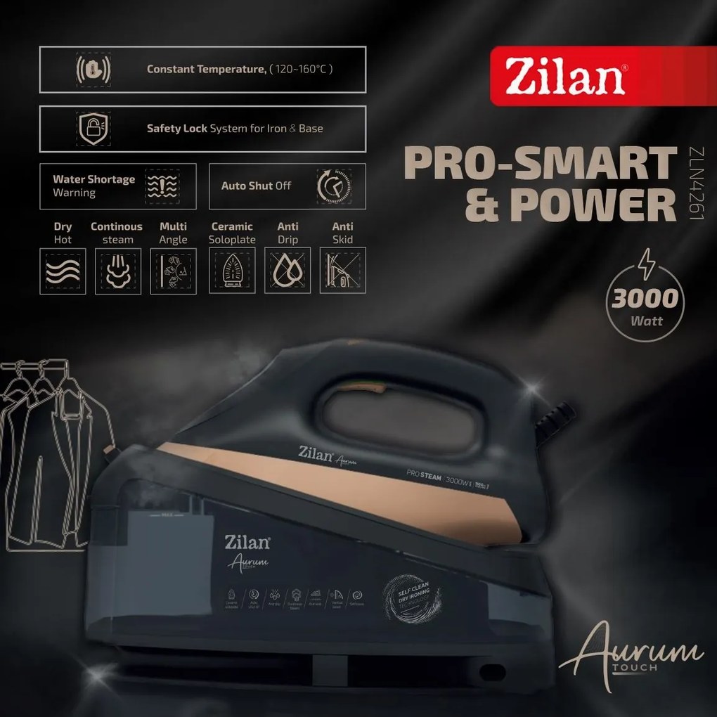 Fier de calcat Aurum cu statie Zilan ZLN4261 Negru, putere 3000W, incalzire in 35 secunde, sistem de auto oprire