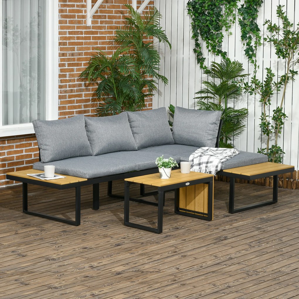 Outsunny Set de Mobilier de Grădină pentru 3 Persoane cu Perne de Ședere, Cadru din Aluminiu, Aspect de Lemn, Gri închis+Natur | Aosom Romania