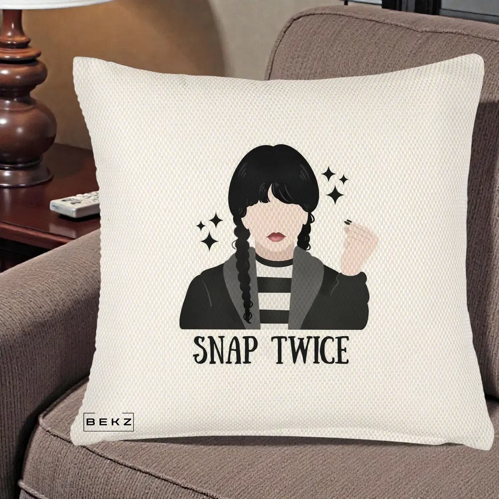 Perna Personalizata Wednesday Snap Twice, 40x40 cm, Crem Reliefat, Husa Detasabila, Perna Inclusa, BEKZ®