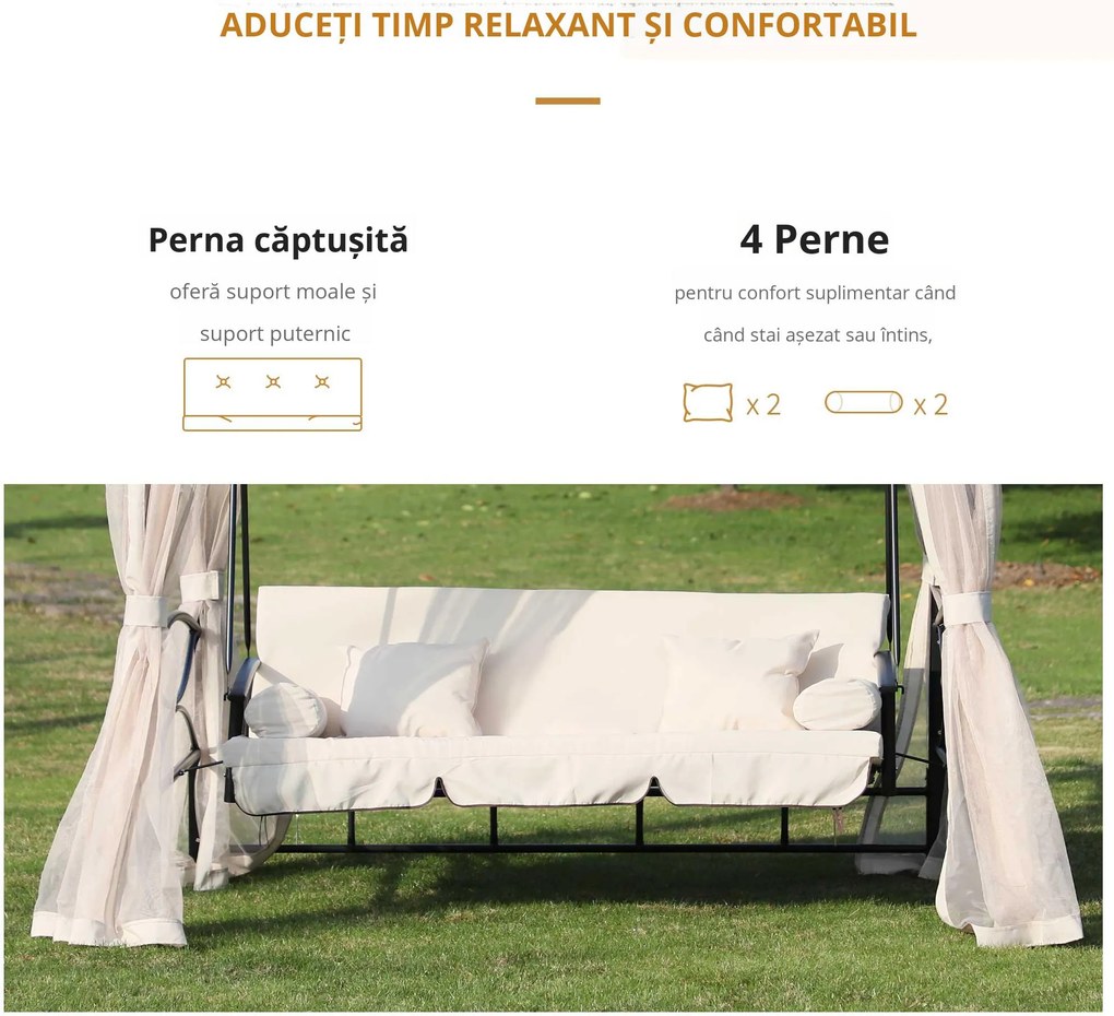Foisor cu Canapea 3 Locuri și 5 perne, Plasa Tantari, cadru din otel, Bej 232x149x245cm Outsunny | Aosom Romania