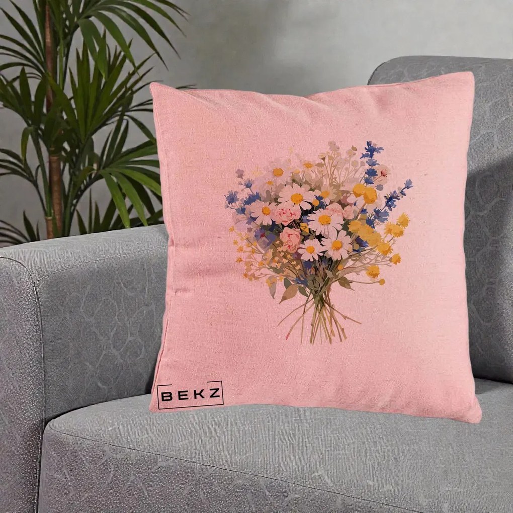 Perna Decorativa Buchet Camp Acuarela Margarete-Lavanda, 40x40 cm, Roz, Husa Detasabila, Perna Inclusa, BEKZ®