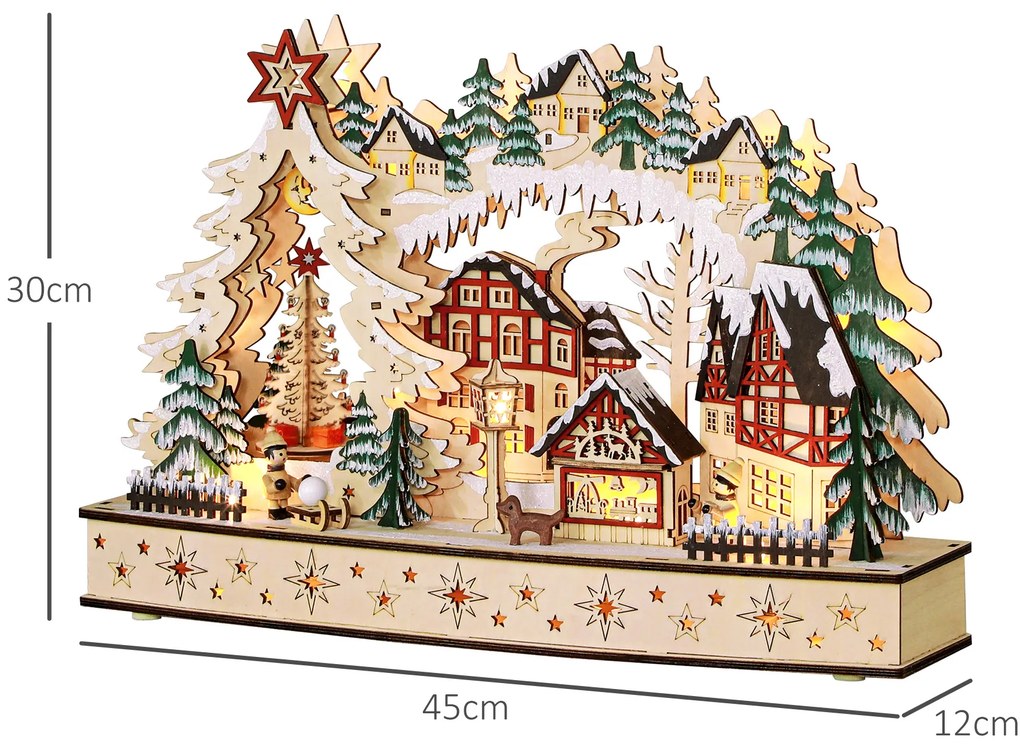 HOMCOM Sat de Crăciun în ținutul de iarnă, 20 LED-uri, multistrat, lemn natural, 45 x 12 x 30 cm | Aosom Romania