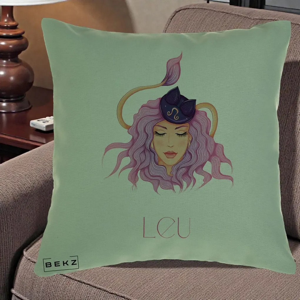 Perna Personalizata Zodie Leu, 40x40 cm, Verde, Husa Detasabila, Perna Inclusa, BEKZ®
