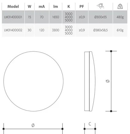Plafonieră LED dimabilă pentru baie, 15W/230V, Ø 30 cm, IP54
