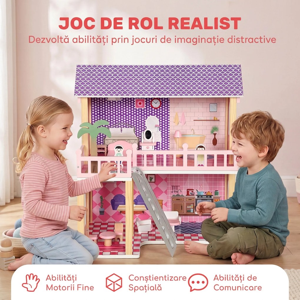 AIYAPLAY Căsuță din lemn pentru păpuși, pentru copii, 2 niveluri, 11 piese de mobilier și 2 păpuși, cadou 3-6 ani, roz | Aosom Romania