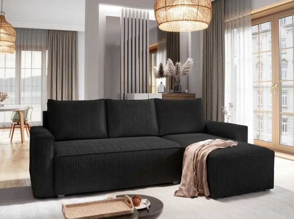 Canapea colt extensibila SMART COSARO negru, cu colt bilateral + 2 perne CADOU