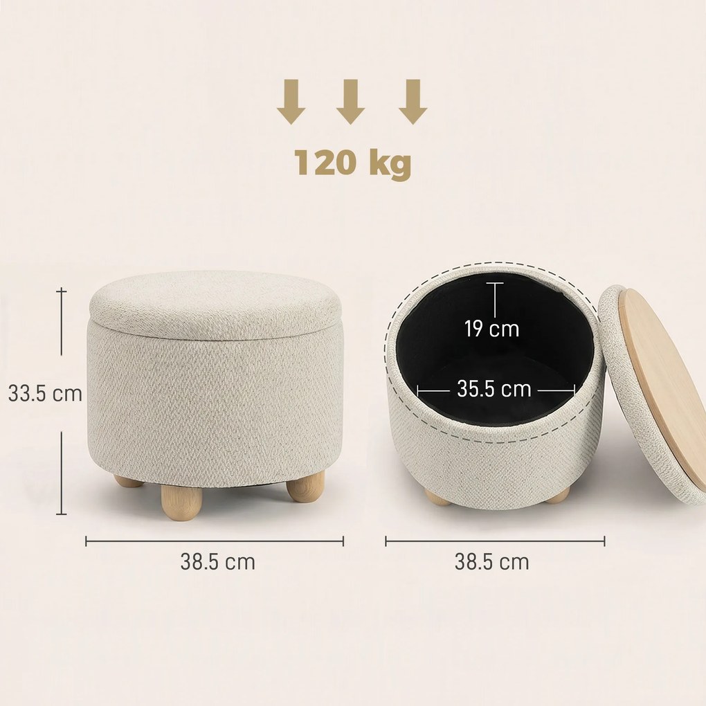 HOMCOM Taburet Rotund cu Spațiu de Depozitare, Capac, 19 L, Material Textil cu Aspect de Iută, 38,5x38,5x33,5 cm, Bej | Aosom Romania