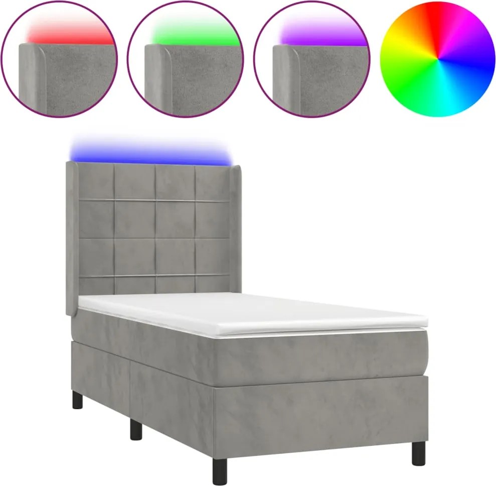 vidaXL Pat cu arcuri, cu saltea & LED, gri deschis, 80x200 cm, catifea