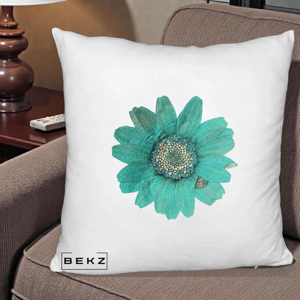 Perna Decorativa Floare Gerbera Teal Acuarela, 40x40 cm, Alb Pufos, Husa Detasabila, Perna Inclusa, BEKZ®