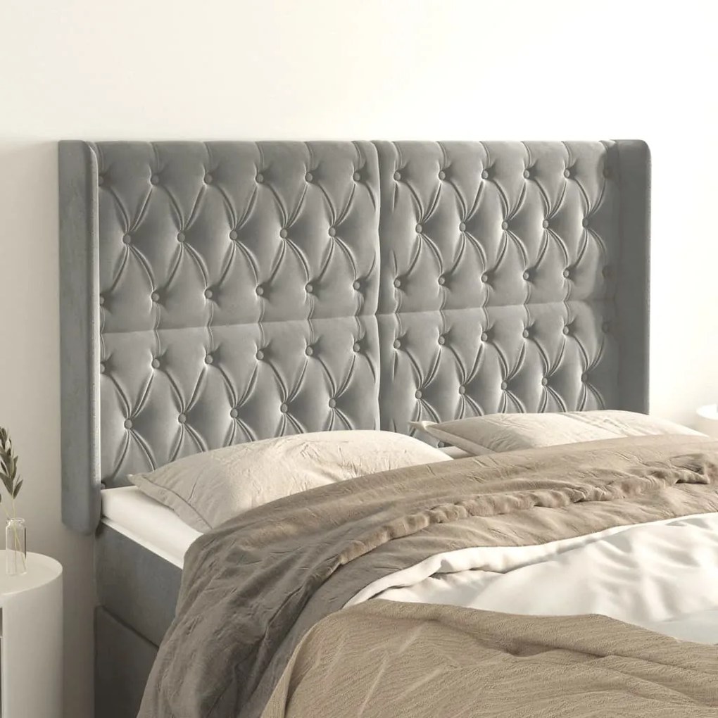 vidaXL Tăblie de pat cu aripioare gri deschis 147x16x118/128cm catifea