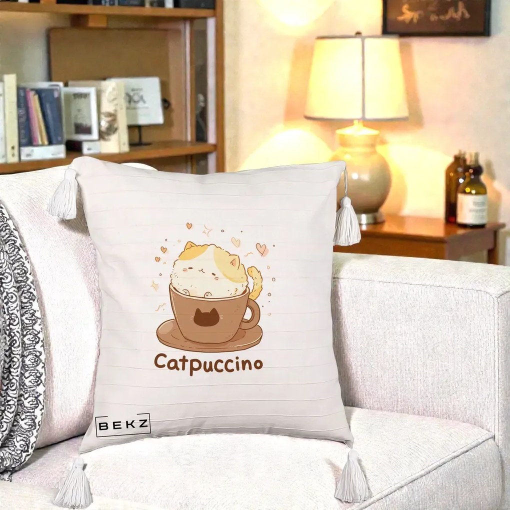 Perna Decorativa Catpuccino Pisica Cappuccino, 40x40 cm, Bej cu Franjuri, Husa Detasabila, Perna Inclusa, BEKZ®