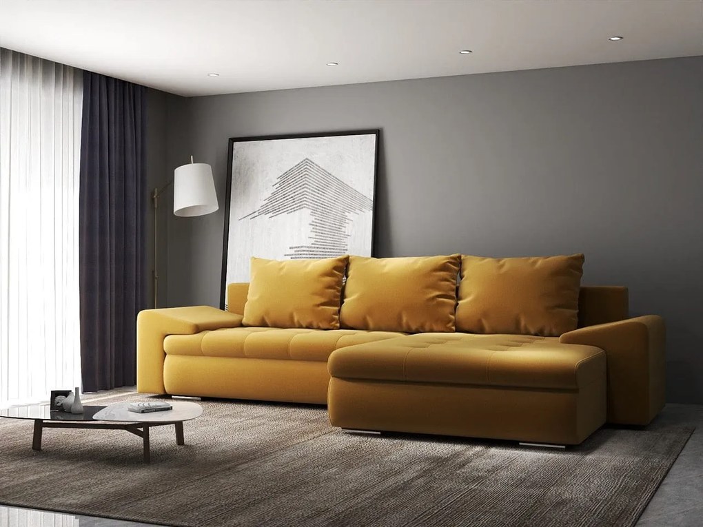 Colțar extensibil dumonde cu ladă de depozitare si sezut confortabil din spuma high-density, Leonardo Royal Mustar 260x185 cm II