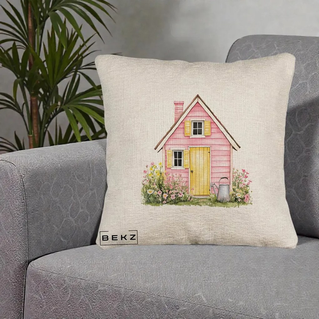 Perna Decorativa Casuta Roz Acuarela cu Gradina, 40x40 cm, Bej Canapea, Husa Detasabila, Perna Inclusa, BEKZ®