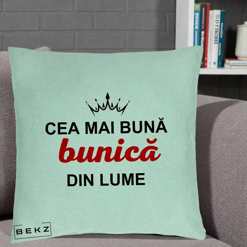 Cadou pentru Bunica - Perna Personalizata Cea Mai Buna Bunica Din Lume Coroana Neagra, 40x40 cm, Verde Menta, Husa Detasabila, Perna Inclusa, BEKZ®