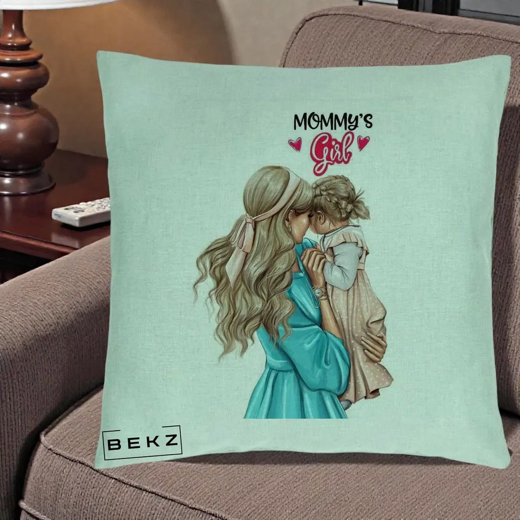 Cadou pentru Mama - Perna Personalizata Mommy's Girl Mama si Fetita, 40x40 cm, Verde Menta, Husa Detasabila, Perna Inclusa, BEKZ®