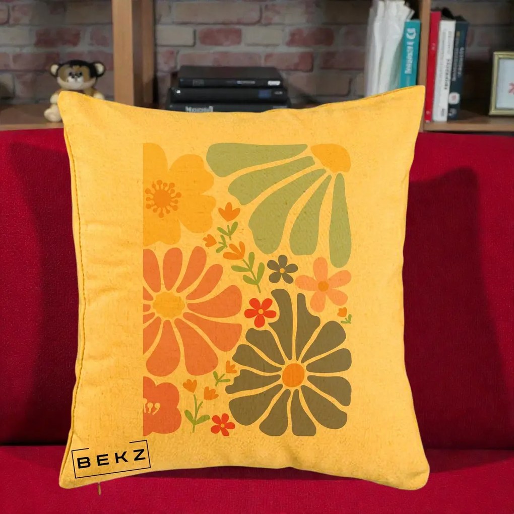 Perna Decorativa Flori Grafice Pastel Multicolor, 40x40 cm, Galben, Husa Detasabila, Perna Inclusa, BEKZ®
