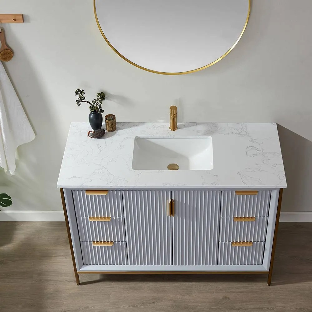 SET MOBILIER BAIE, DULAP LEMN 2 USI CU LAVOAR, BLAT GRANIT + OGLINDA RAMA ALUMINIU, CAIRO 106.6X55.8X86 CM, GRI/ALB/AURIU