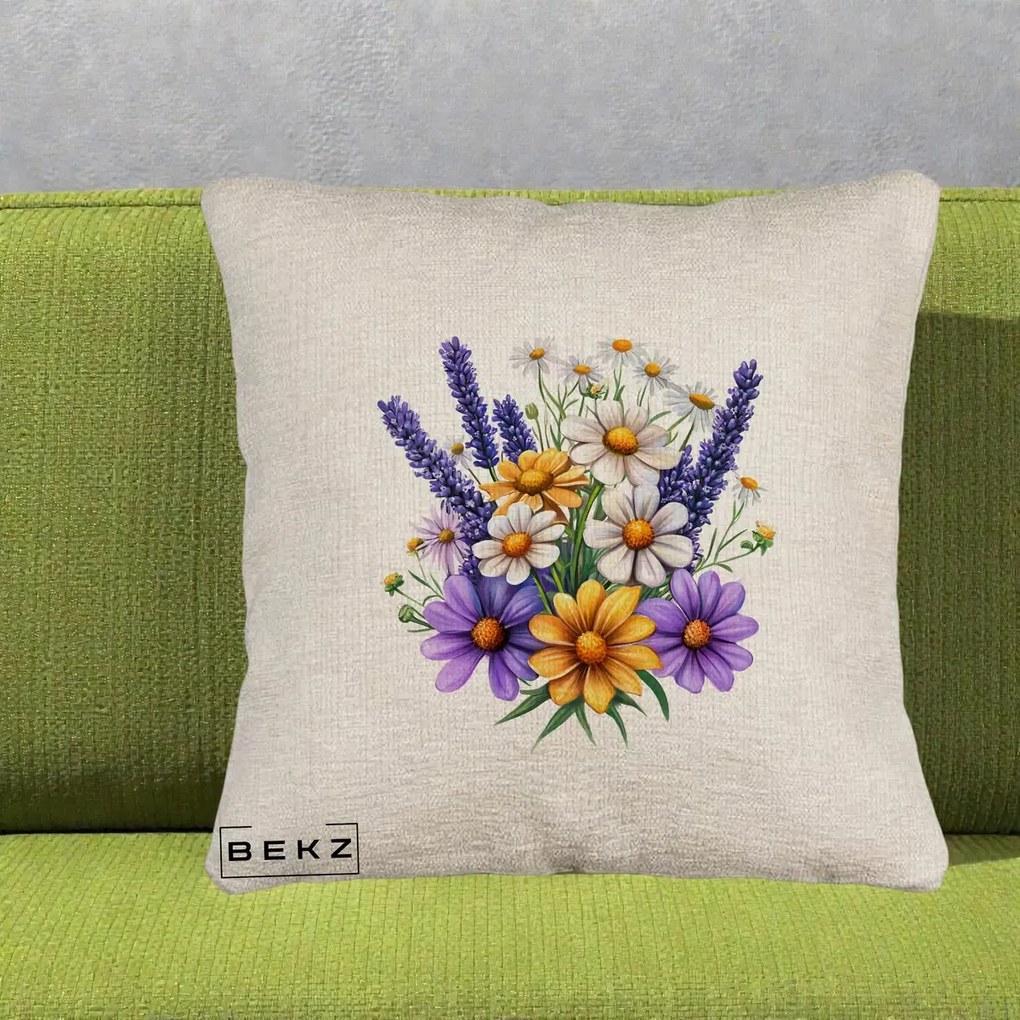 Perna Decorativa Lavanda Musetel si Flori Mov, 40x40 cm, Bej Canapea, Husa Detasabila, Perna Inclusa, BEKZ®