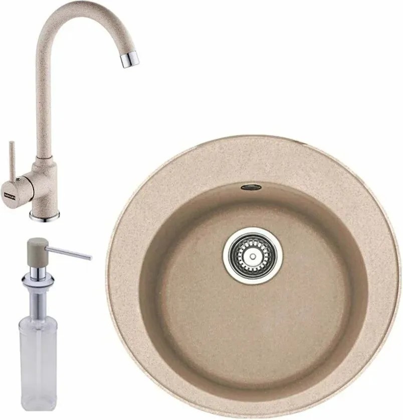 Set chiuveta bucatarie compozit Franke Rotondo Avena 51 cm finisaj bej mat cu dozator detergent si baterie Pola