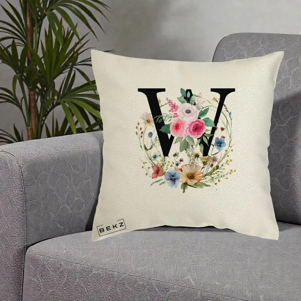 Cadou Personalizat - Perna Personalizata Monograma Florala Litera W, 40x40 cm, Ecru, Husa Detasabila, Perna Inclusa, BEKZ®