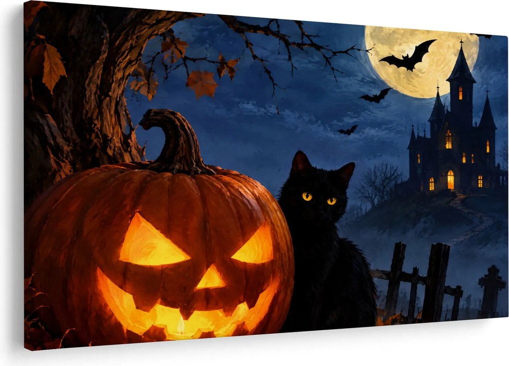 Tablou - Pisică neagră lângă un dovleac luminat de Halloween (90x60 cm)