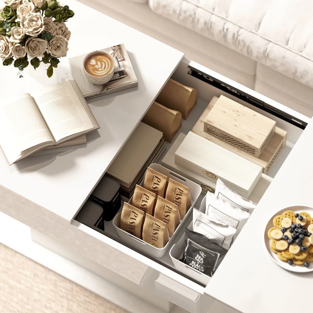 HOMCOM Măsuță de Cafea Extensibilă cu Compartiment, Măsuță de Sufragerie Modernă cu Picioare Antiderapante, Măsuță de Living pentru Acasă Birou, 108-178,5x53x49 cm, Alb Lucios | Aosom Romania