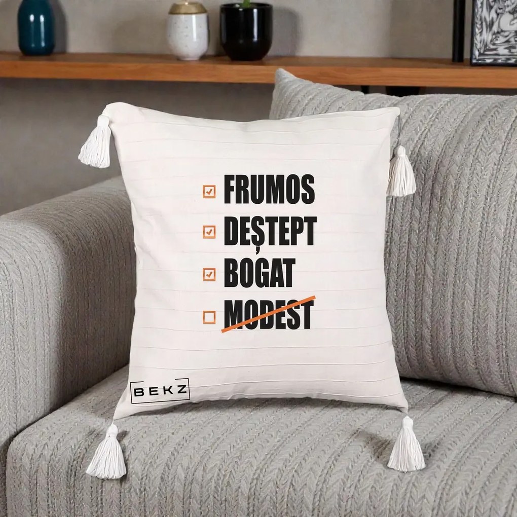 Perna Decorativa Frumos Destept Bogat, 40x40 cm, Bej cu Franjuri, Husa Detasabila, Perna Inclusa, BEKZ®