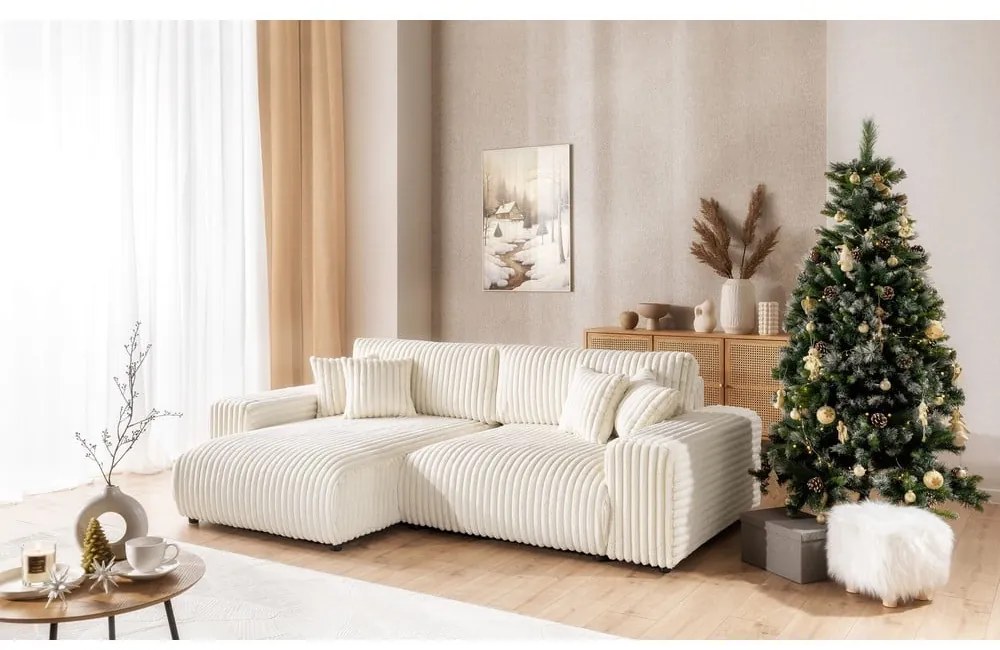 Colțar crem extensibil, cu spațiu de depozitare, cu tapițerie din catifea reiată (cu colț pe partea stângă) Sarina – Ropez