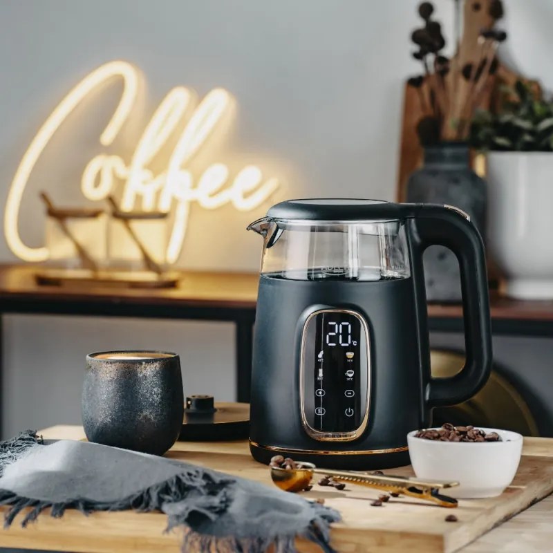 Cana electrica Adler AD 1305, 1850/2200 W, 1,7 l, Control tactil, Afisaj LCD color, 5 setari temperatura 40-100°C, Filtru antidecantare, Negru/galben